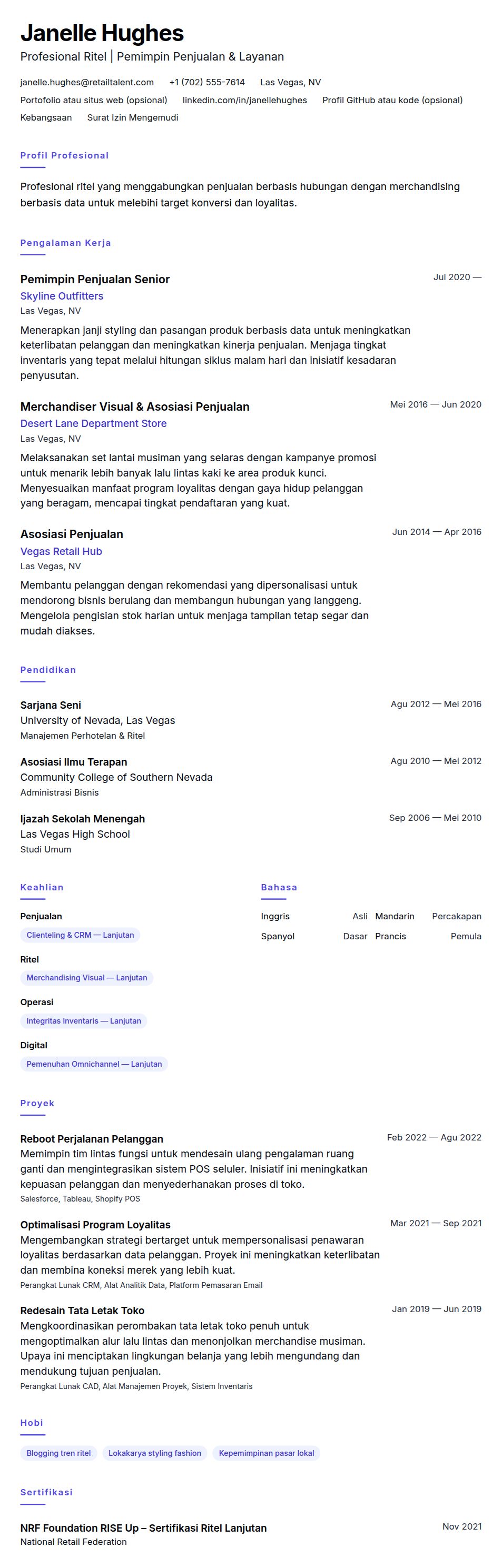 Pratinjau resume Contoh Resume Profesional Ritel