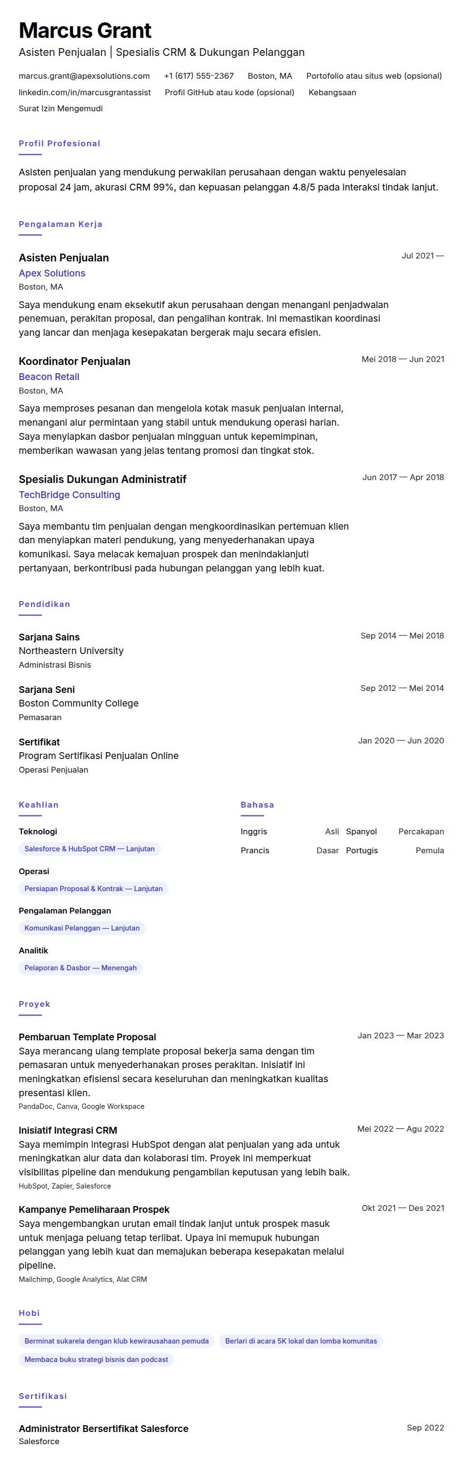 Pratinjau resume Contoh Resume Asisten Penjualan