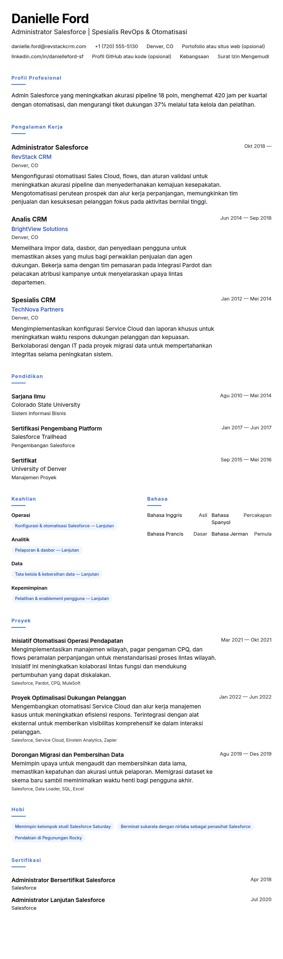 Pratinjau resume Contoh Resume Administrator Salesforce