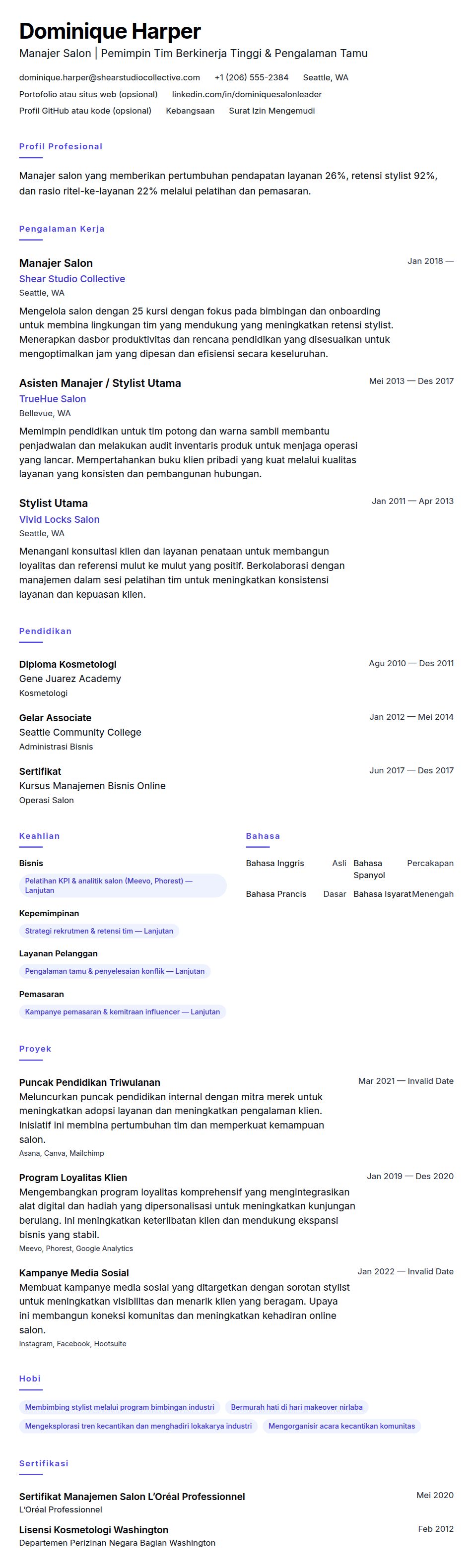 Pratinjau resume Contoh Resume Manajer Salon
