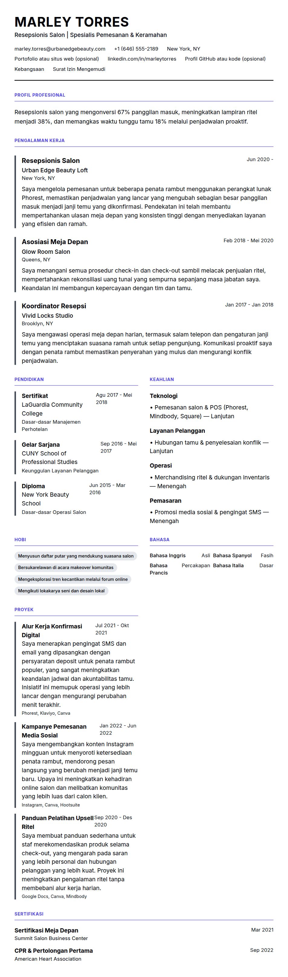 Contoh Resume Resepsionis Salon