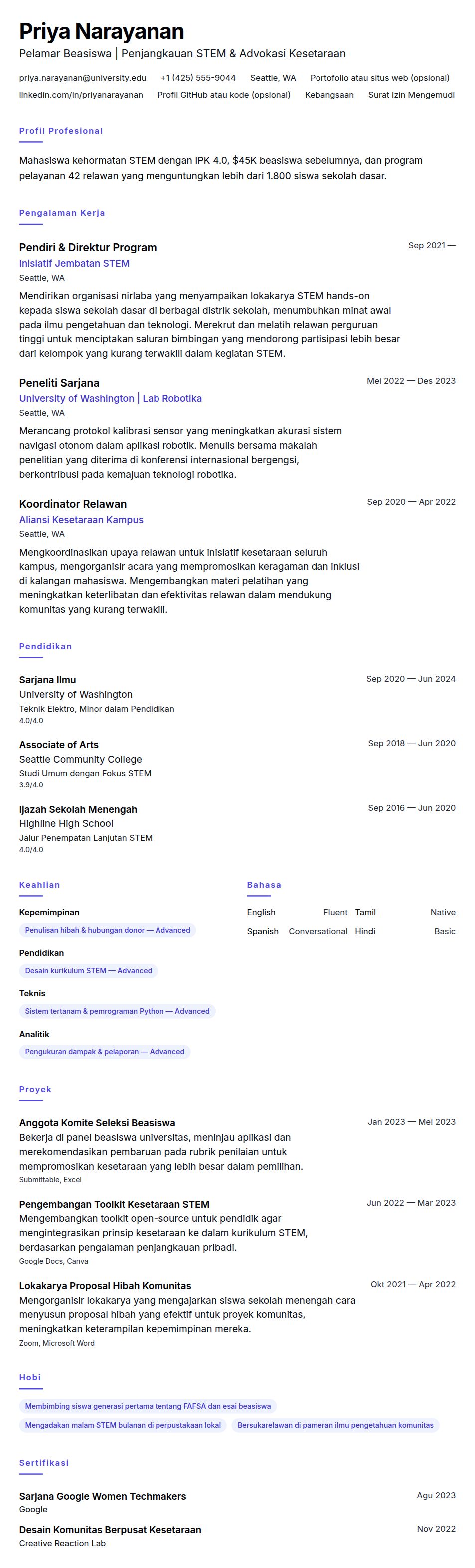Pratinjau resume Contoh Resume Beasiswa