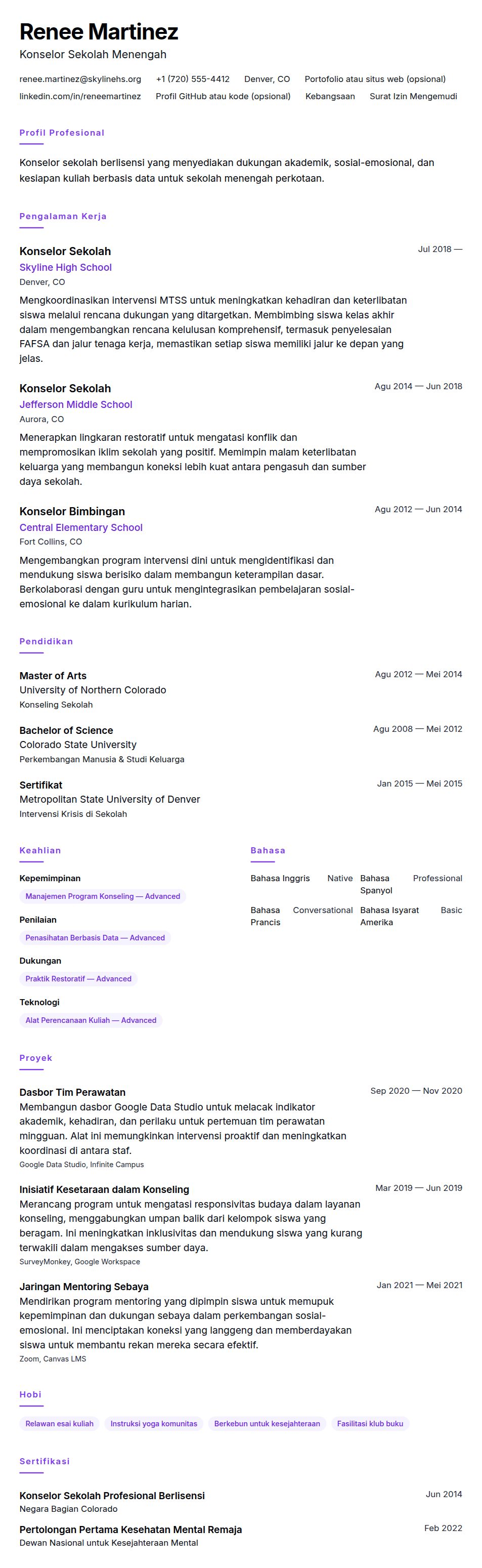 Pratinjau resume Contoh Resume Konselor Sekolah
