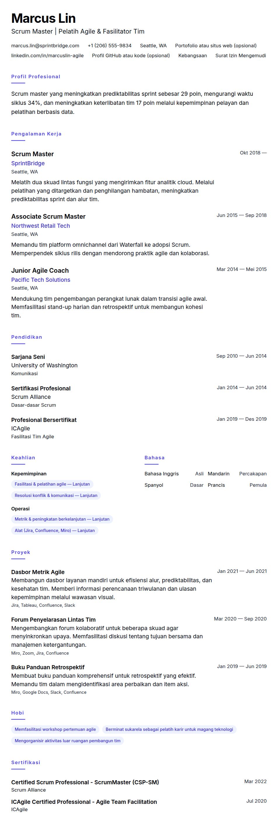 Pratinjau resume Contoh Resume Scrum Master