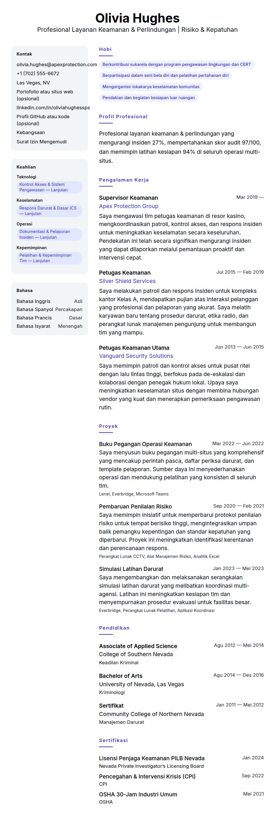 Contoh Resume Profesional Layanan Keamanan & Perlindungan