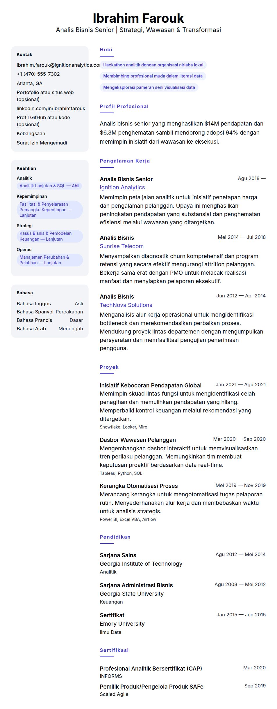 Pratinjau resume Contoh Resume Analis Bisnis Senior
