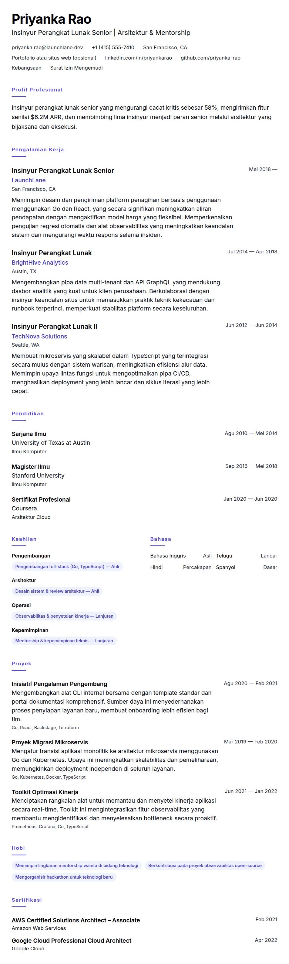 Pratinjau resume Contoh Resume Insinyur Perangkat Lunak Senior