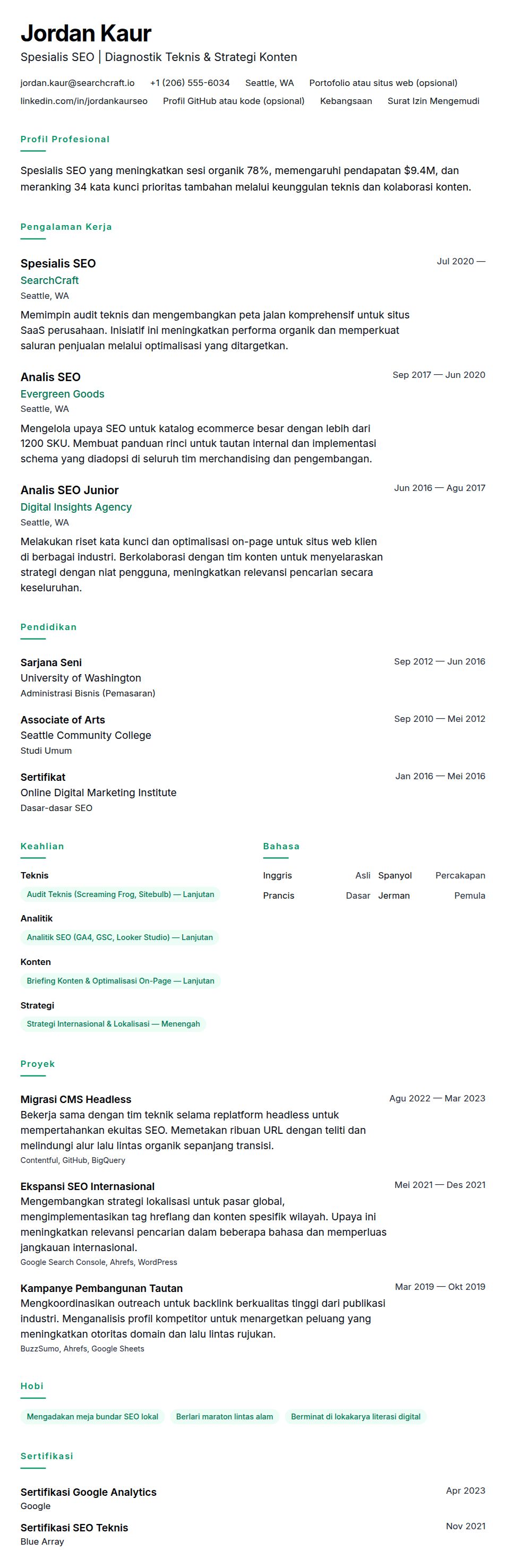 Pratinjau resume Contoh Resume Spesialis SEO