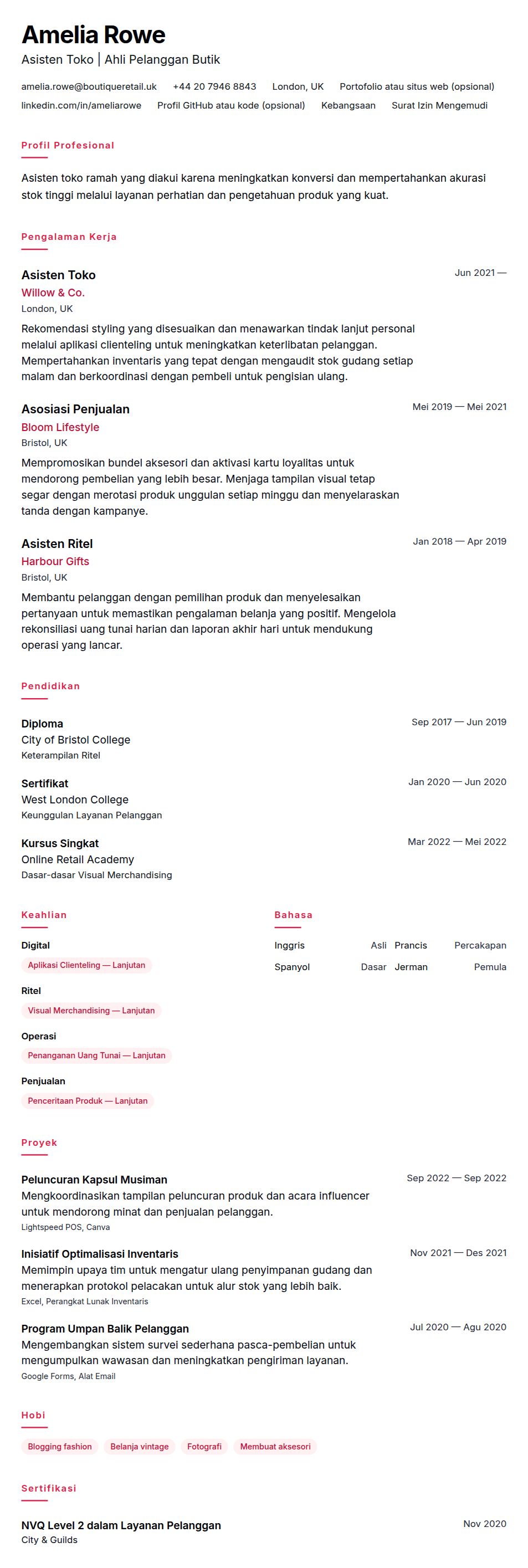 Pratinjau resume Contoh Resume Asisten Toko