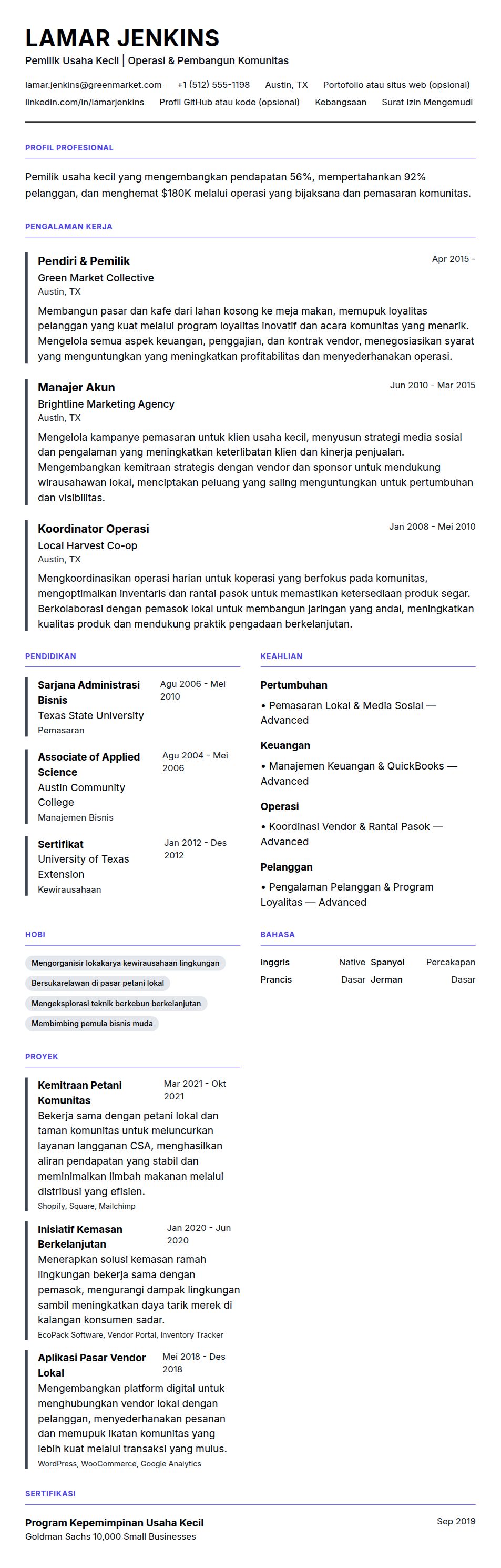 Pratinjau resume Contoh Resume Pemilik Usaha Kecil
