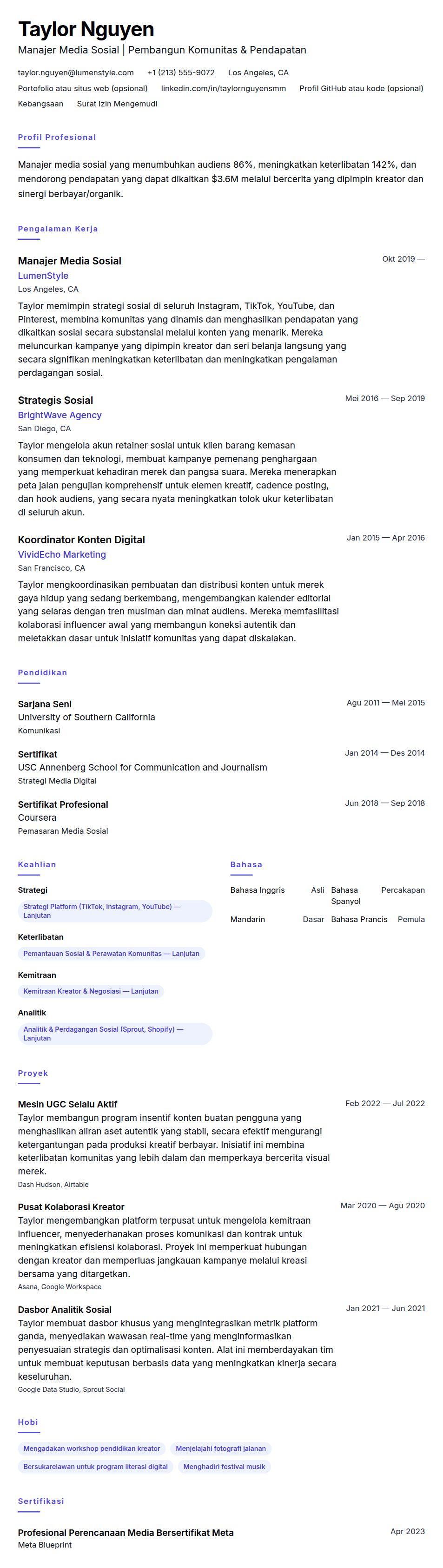 Pratinjau resume Contoh Resume Manajer Media Sosial