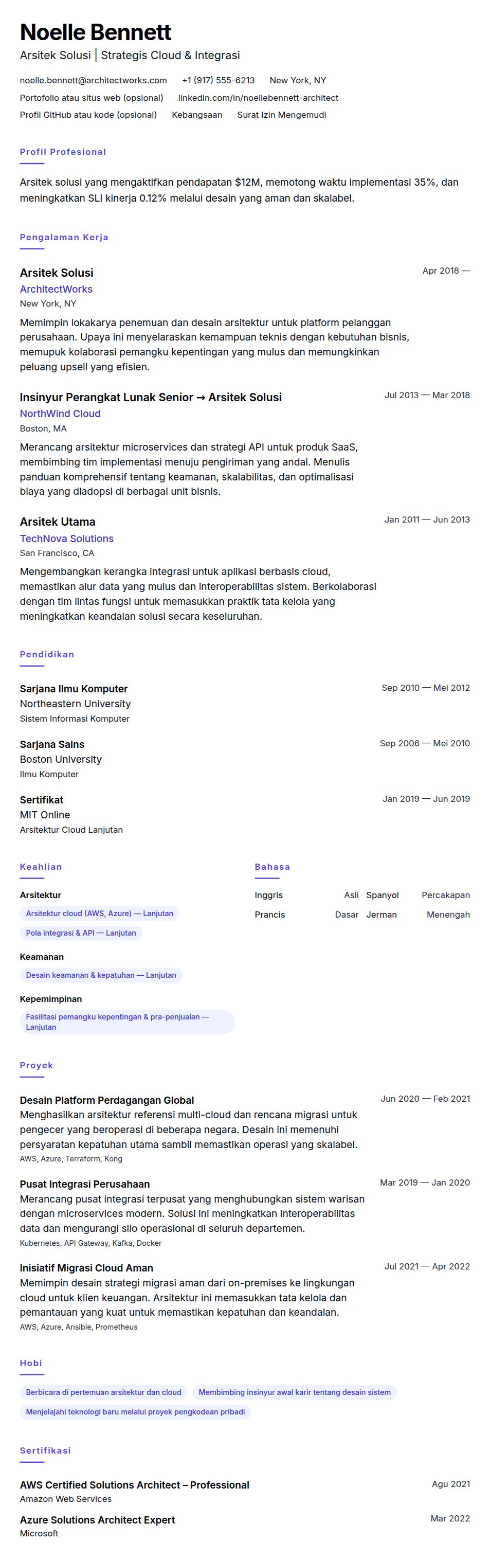 Pratinjau resume Contoh Resume Arsitek Solusi