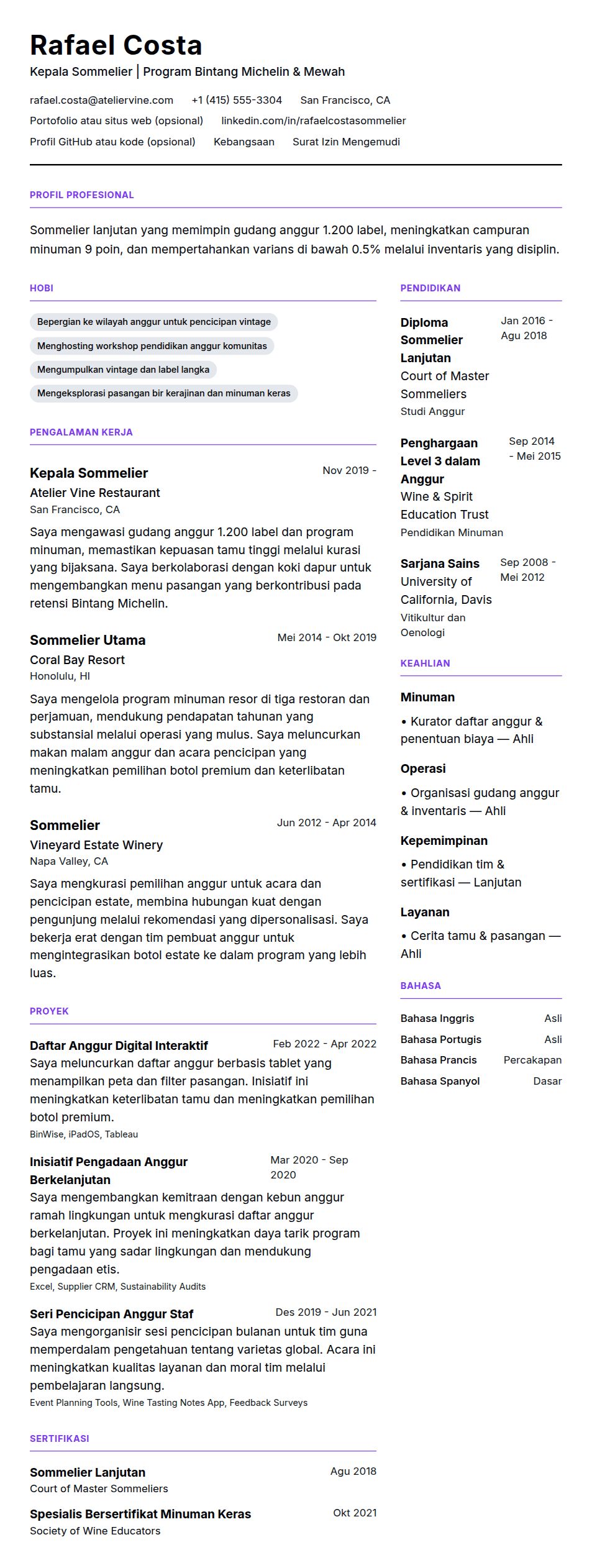 Pratinjau resume Contoh Resume Sommelier