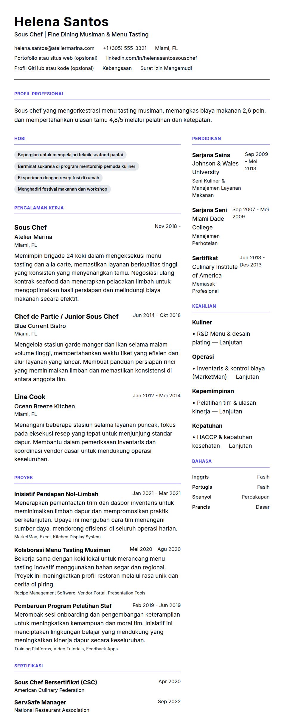 Pratinjau resume Contoh Resume Sous Chef