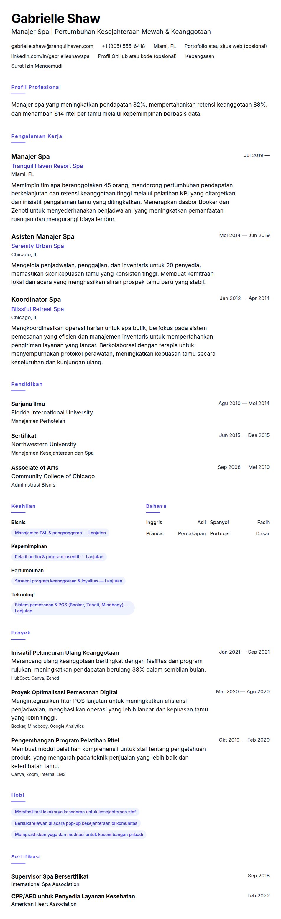 Contoh Resume Manajer Spa