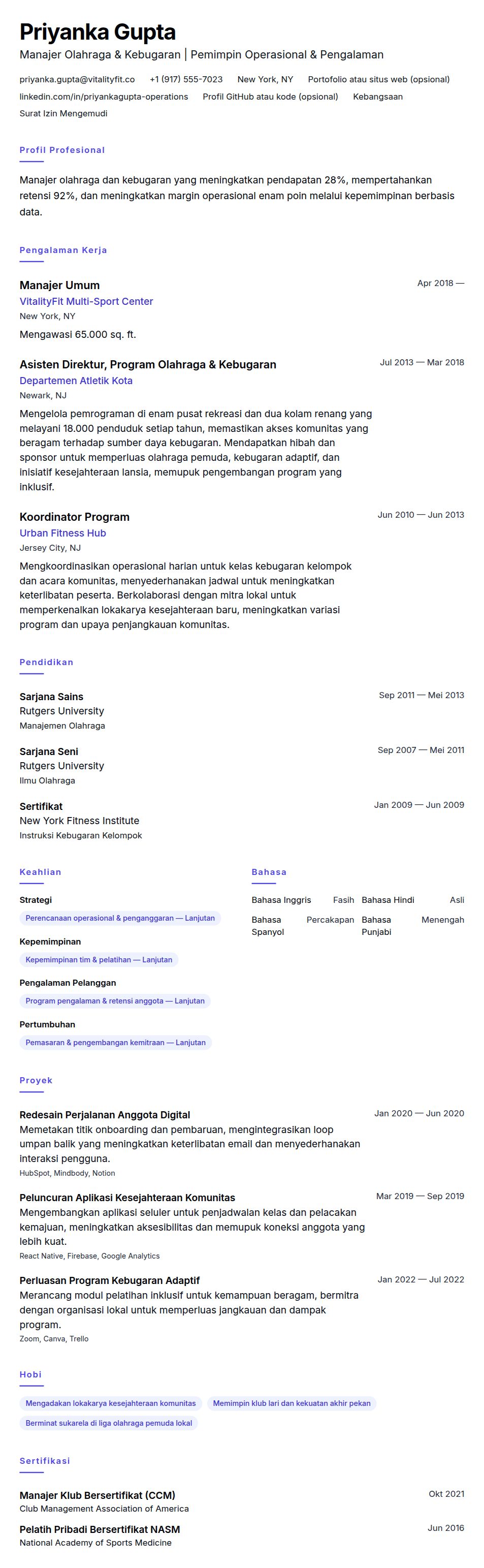 Contoh Resume Manajer Olahraga dan Kebugaran