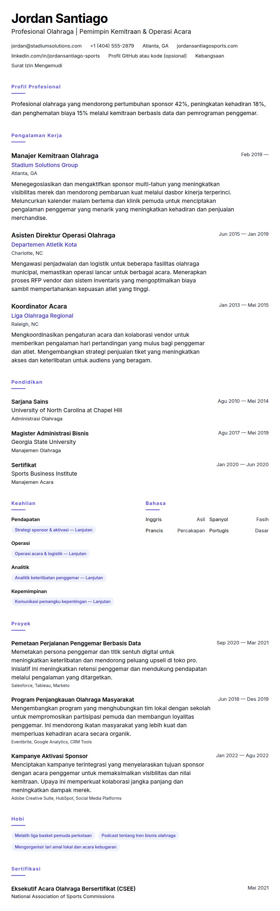 Pratinjau resume Contoh Resume Profesional Olahraga