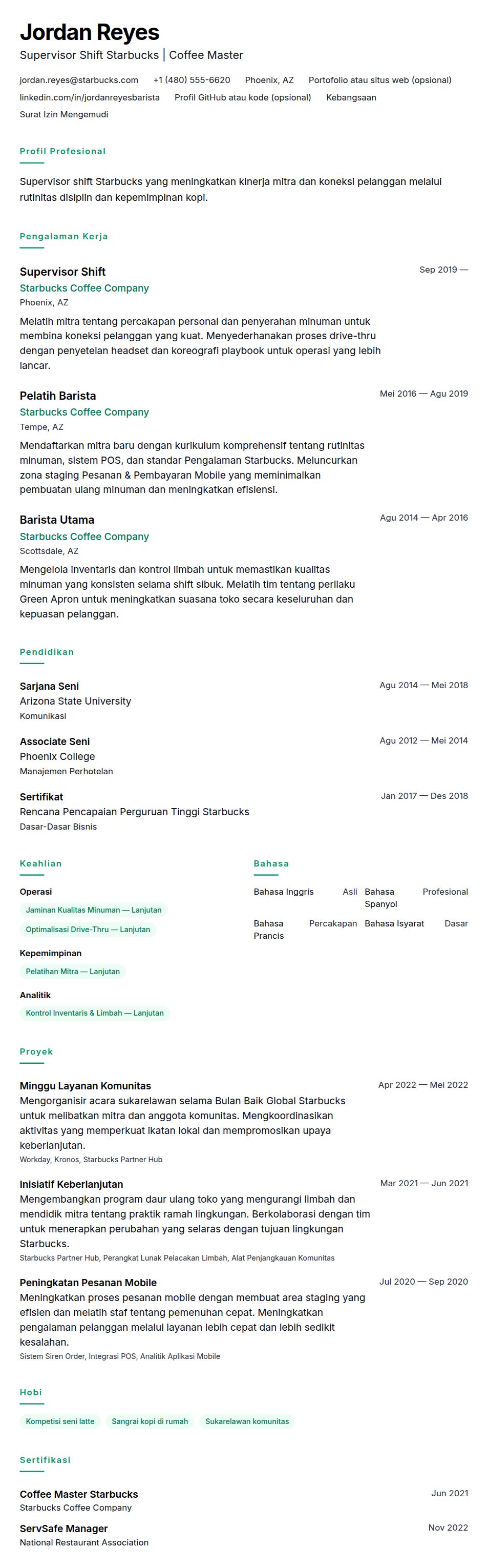 Contoh Resume Supervisor Shift Starbucks