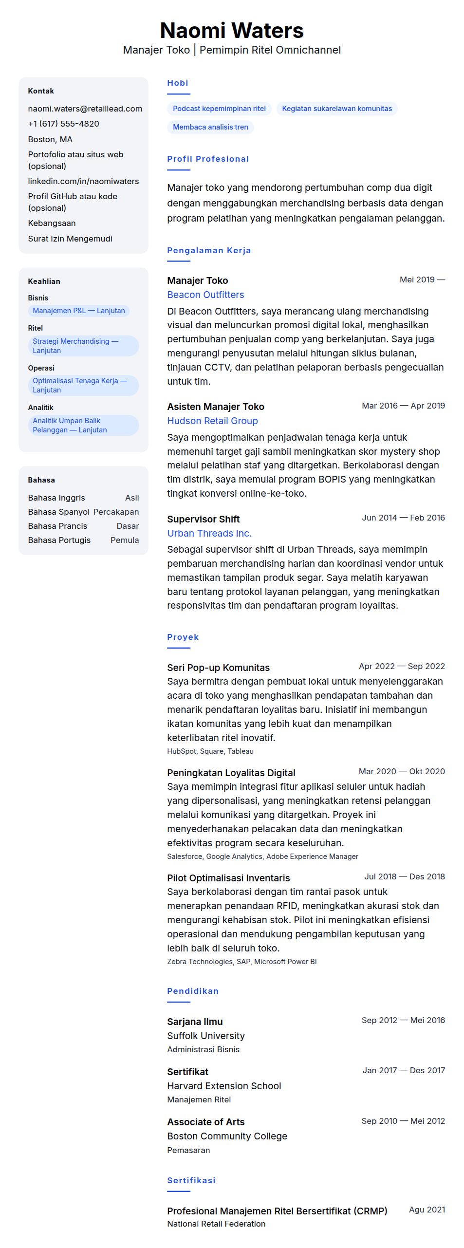 Pratinjau resume Contoh Resume Manajer Toko
