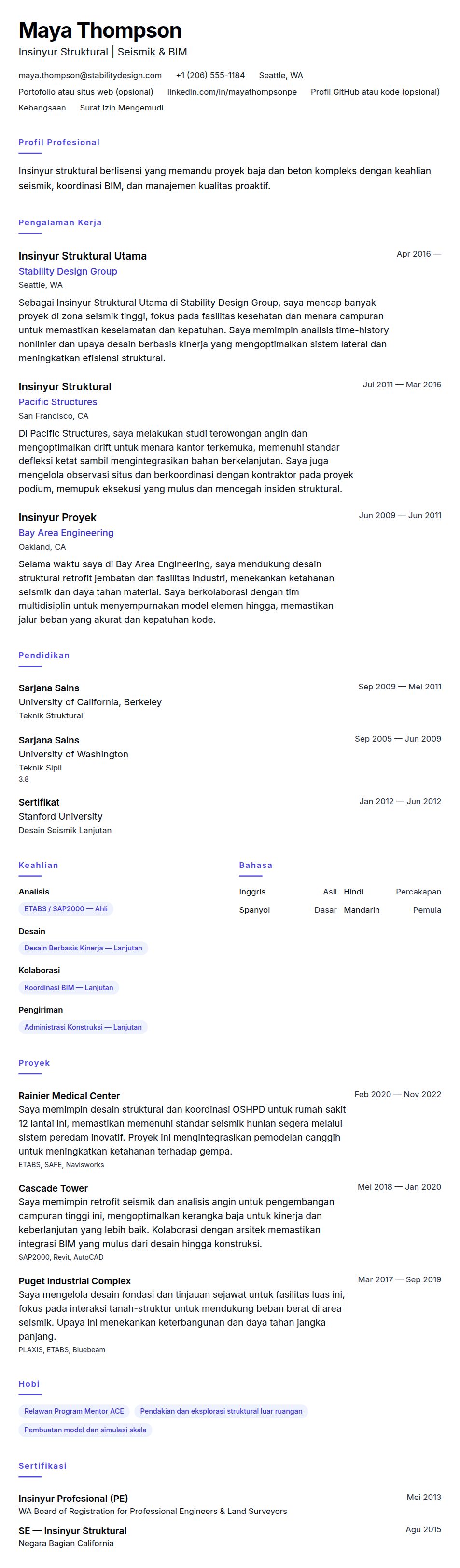 Pratinjau resume Contoh Resume Insinyur Struktural