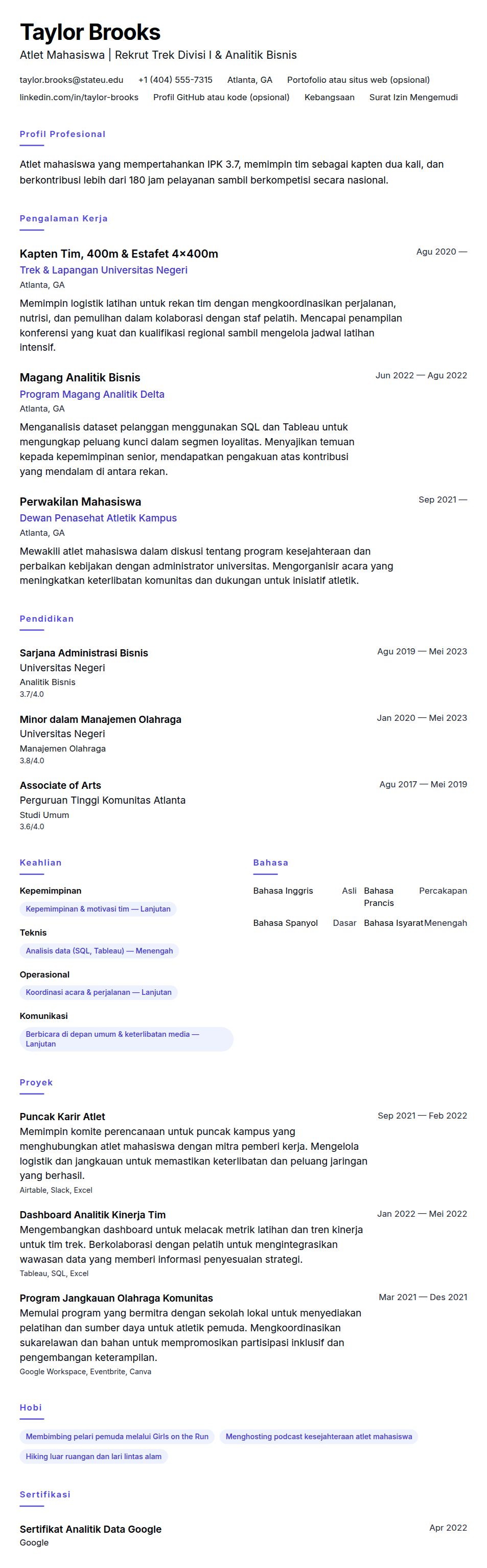 Pratinjau resume Contoh Resume Atlet Mahasiswa