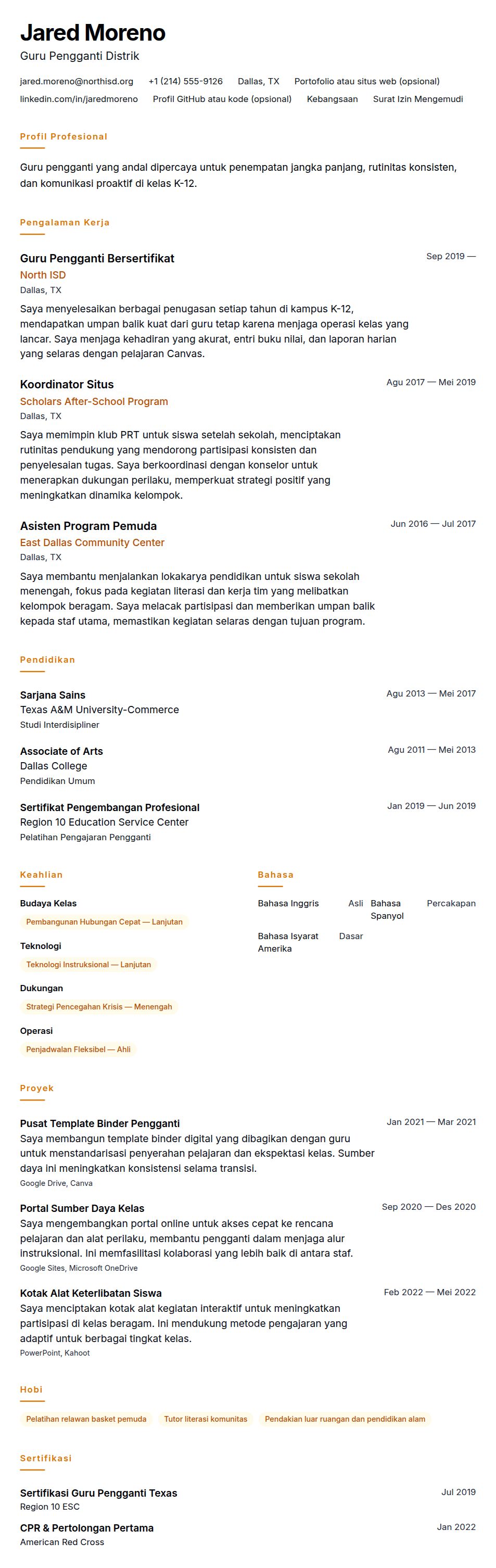 Pratinjau resume Contoh Resume Guru Pengganti