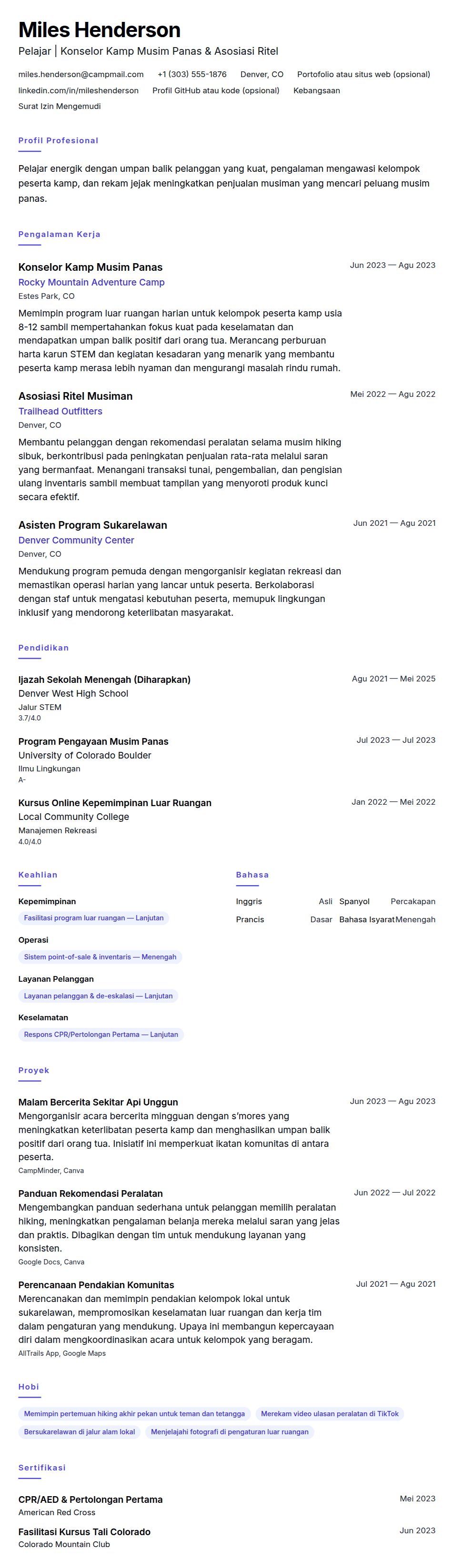 Pratinjau resume Contoh Resume Pekerjaan Musim Panas