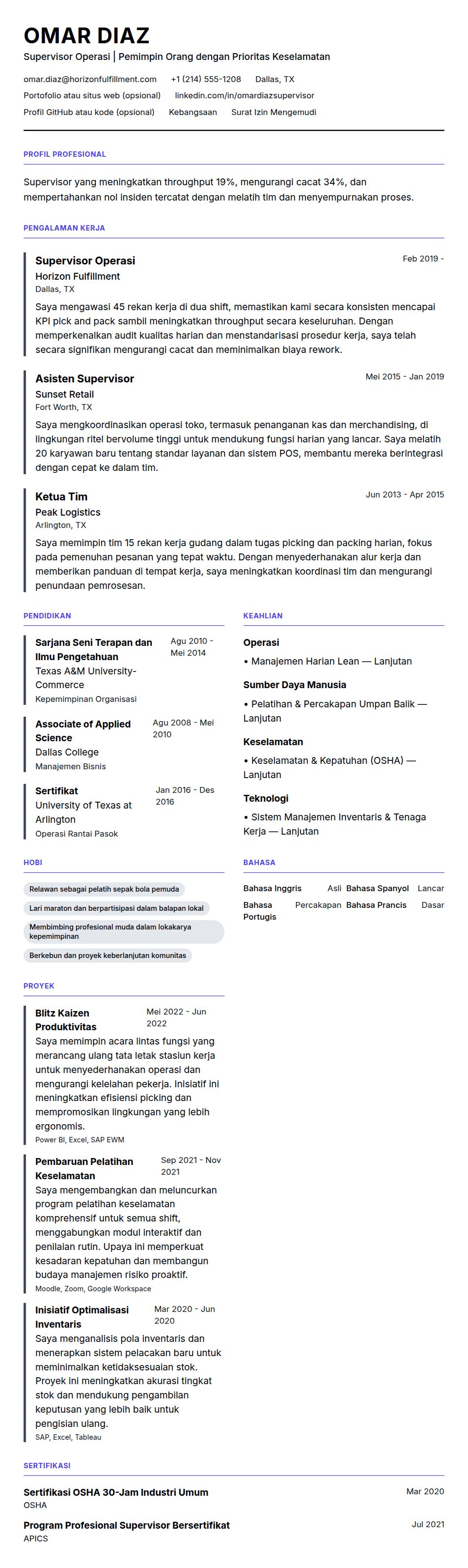 Contoh Resume Supervisor