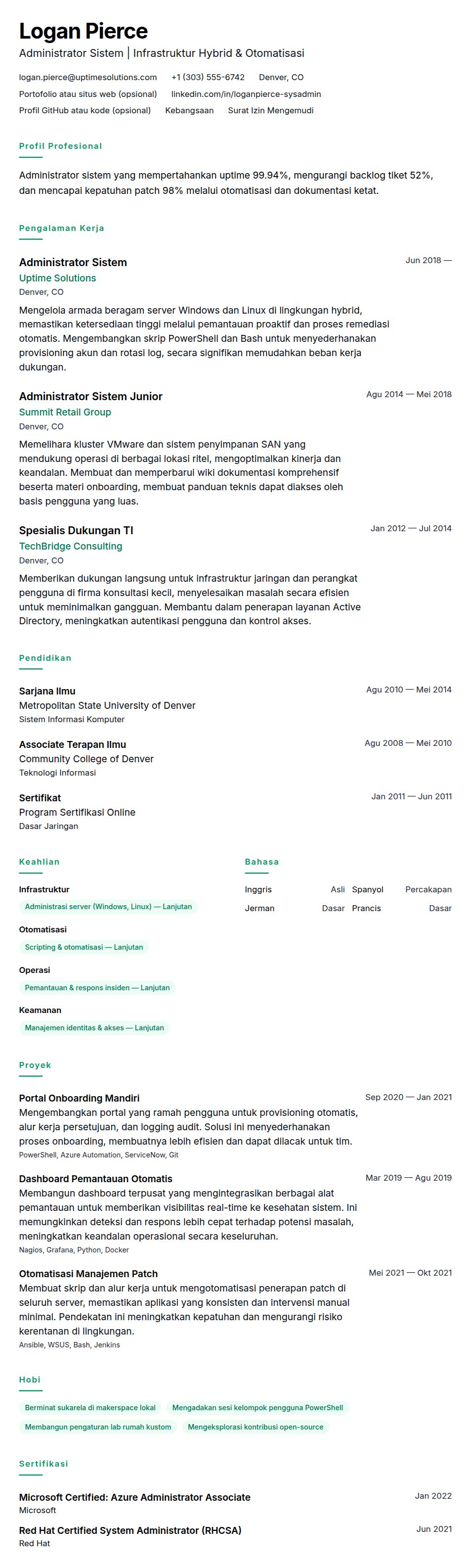 Pratinjau resume Contoh Resume Administrator Sistem