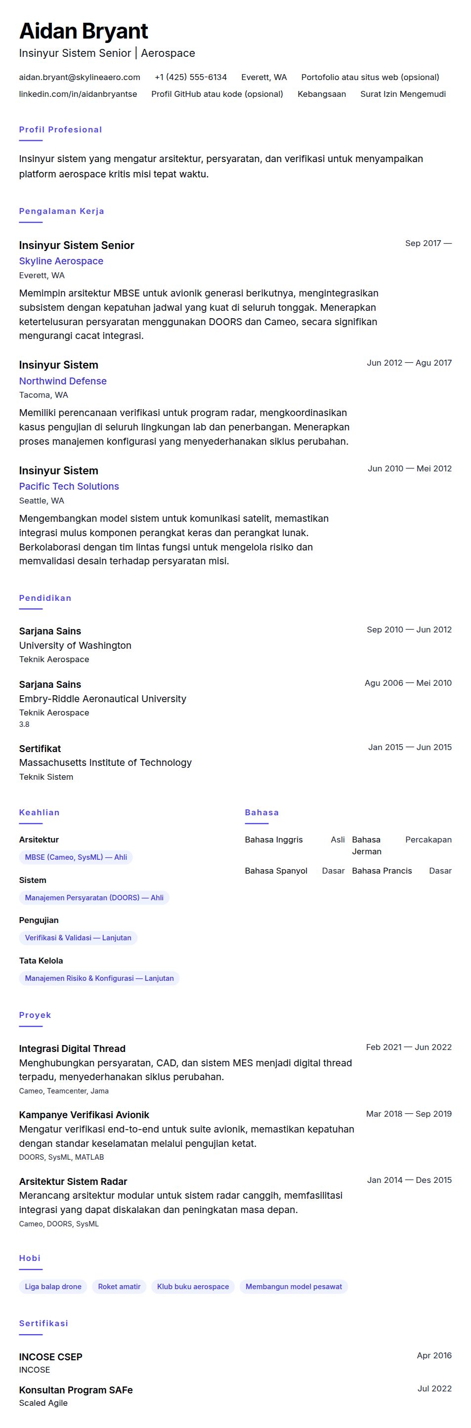 Contoh Resume Insinyur Sistem