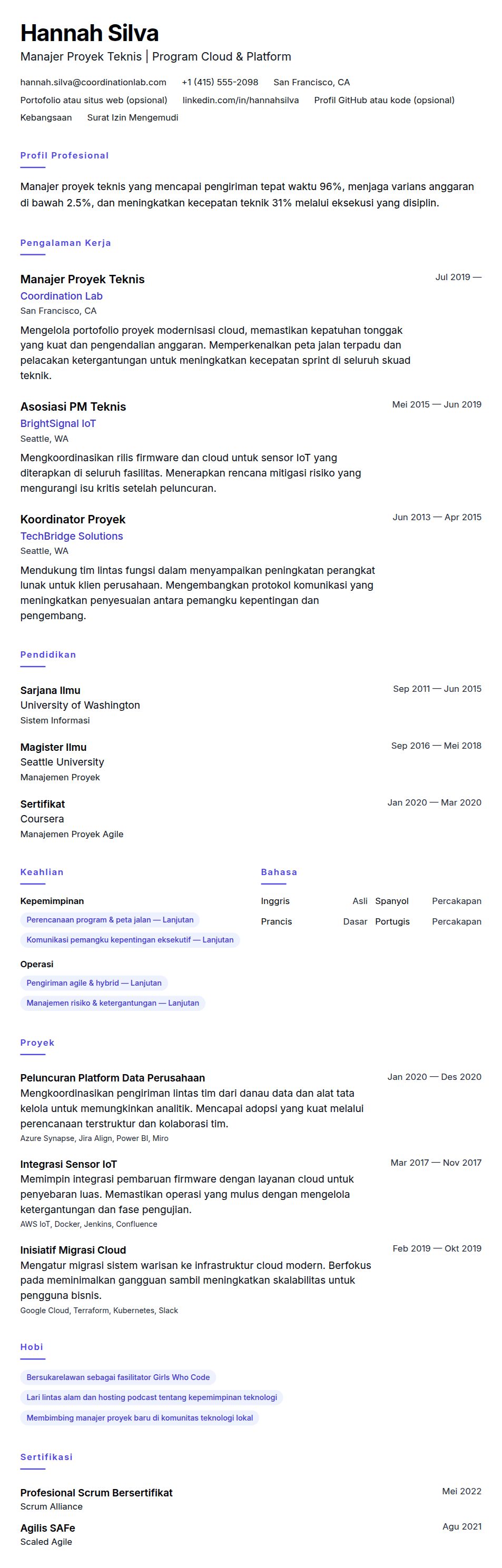 Pratinjau resume Contoh Resume Manajer Proyek Teknis