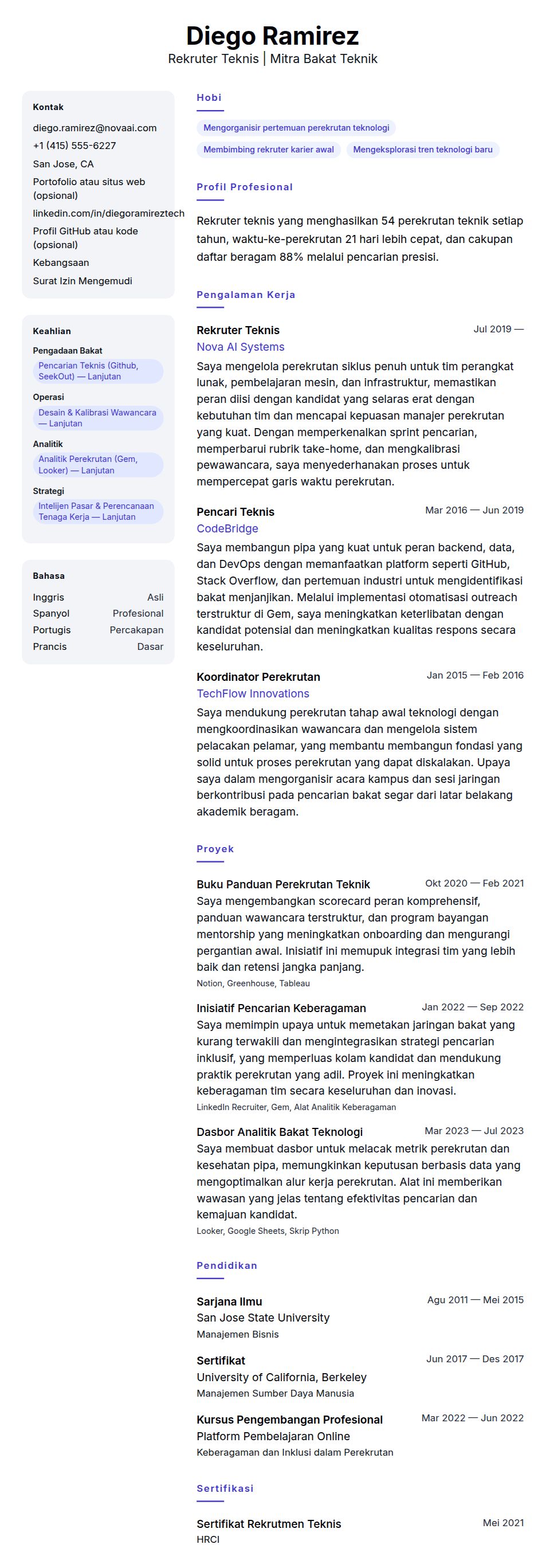Pratinjau resume Contoh Resume Rekruter Teknis