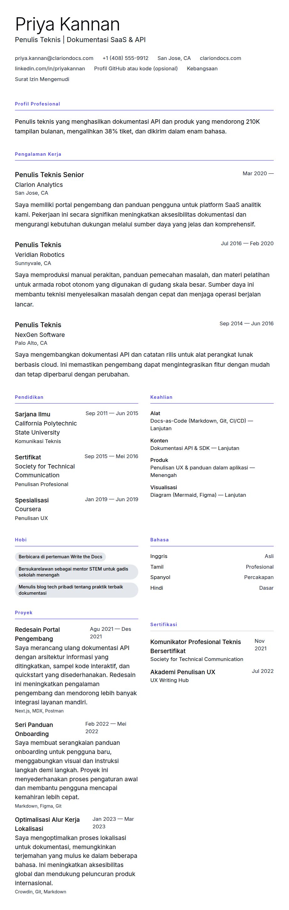 Pratinjau resume Contoh Resume Penulis Teknis