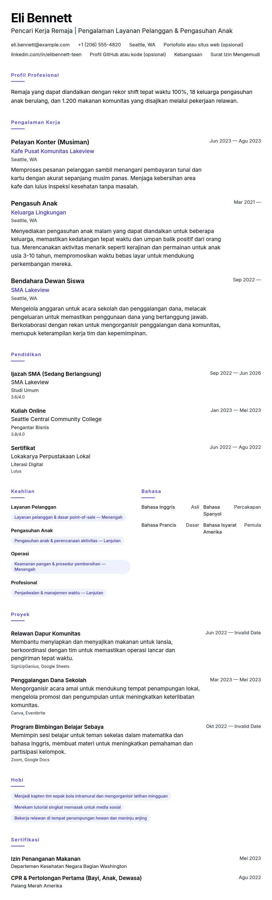Pratinjau resume Contoh Resume Pencari Kerja Remaja