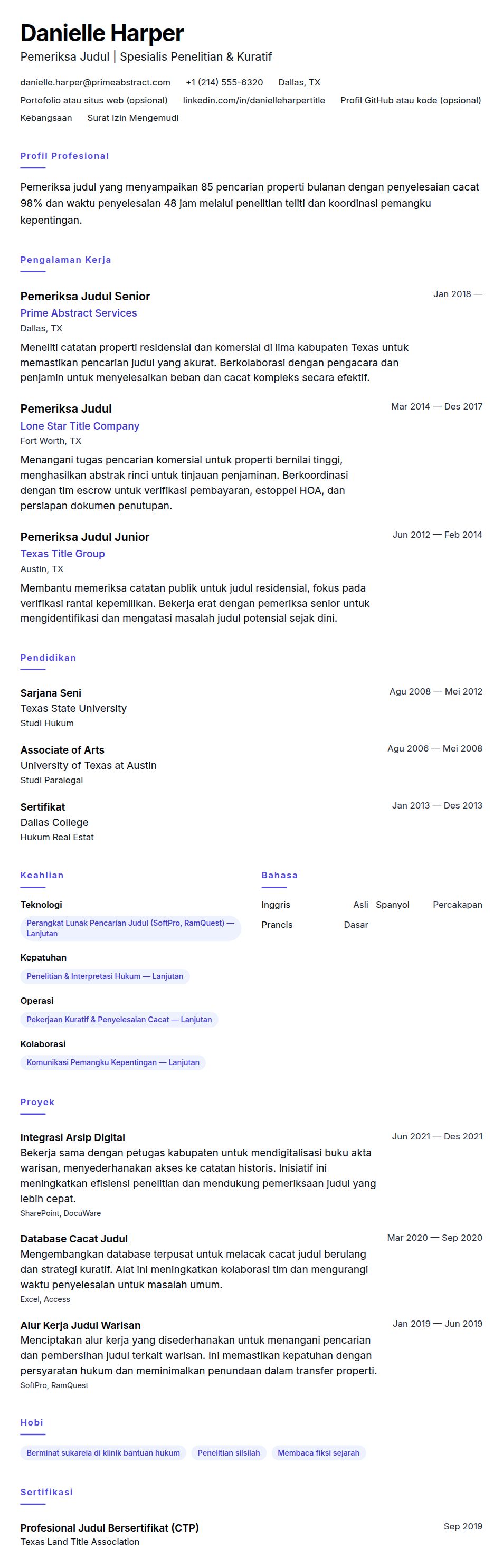 Pratinjau resume Contoh Resume Pemeriksa Judul