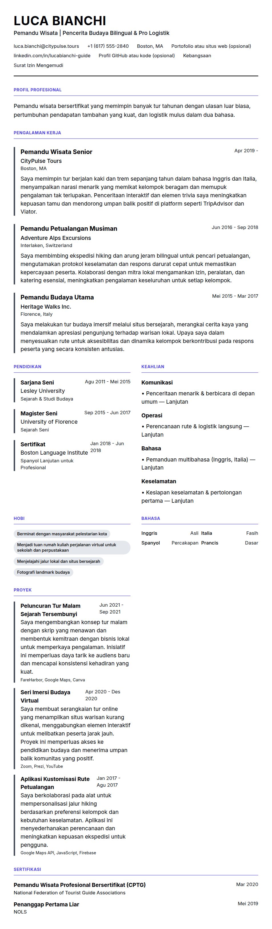 Pratinjau resume Contoh Resume Pemandu Wisata