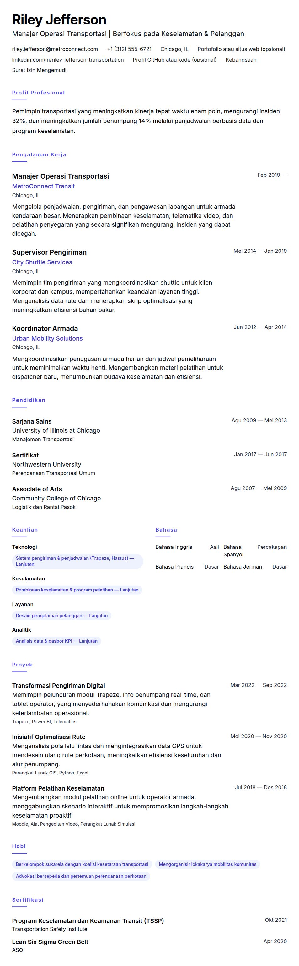Pratinjau resume Contoh Resume Profesional Transportasi