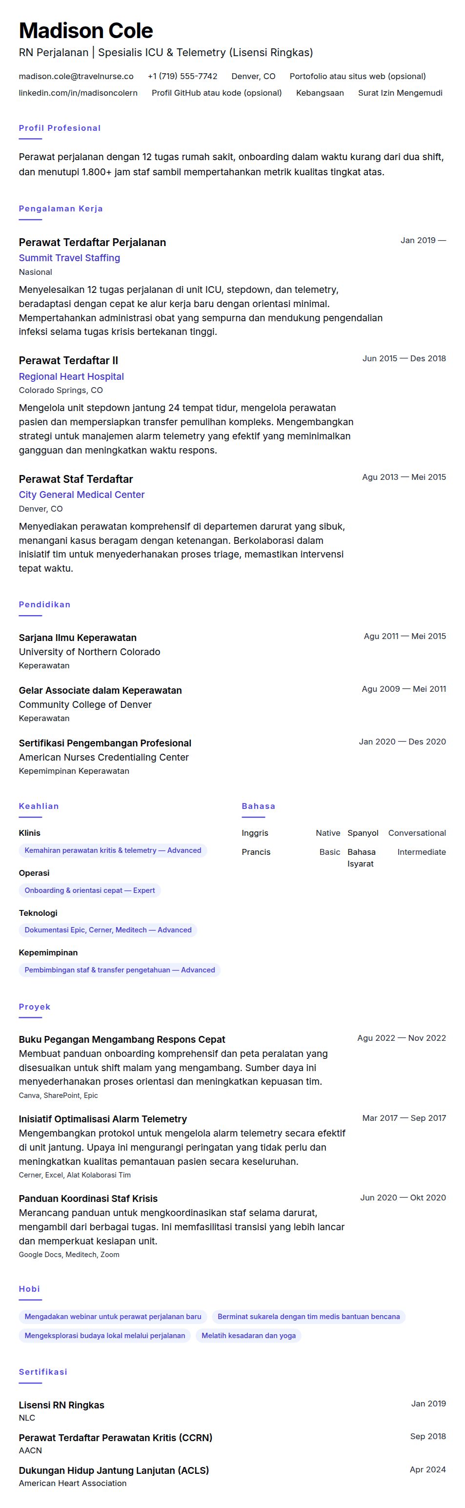 Pratinjau resume Contoh Resume Perawat Perjalanan