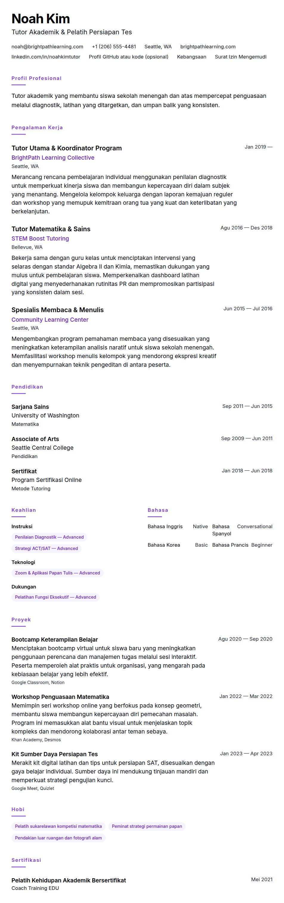 Pratinjau resume Contoh Resume Tutor