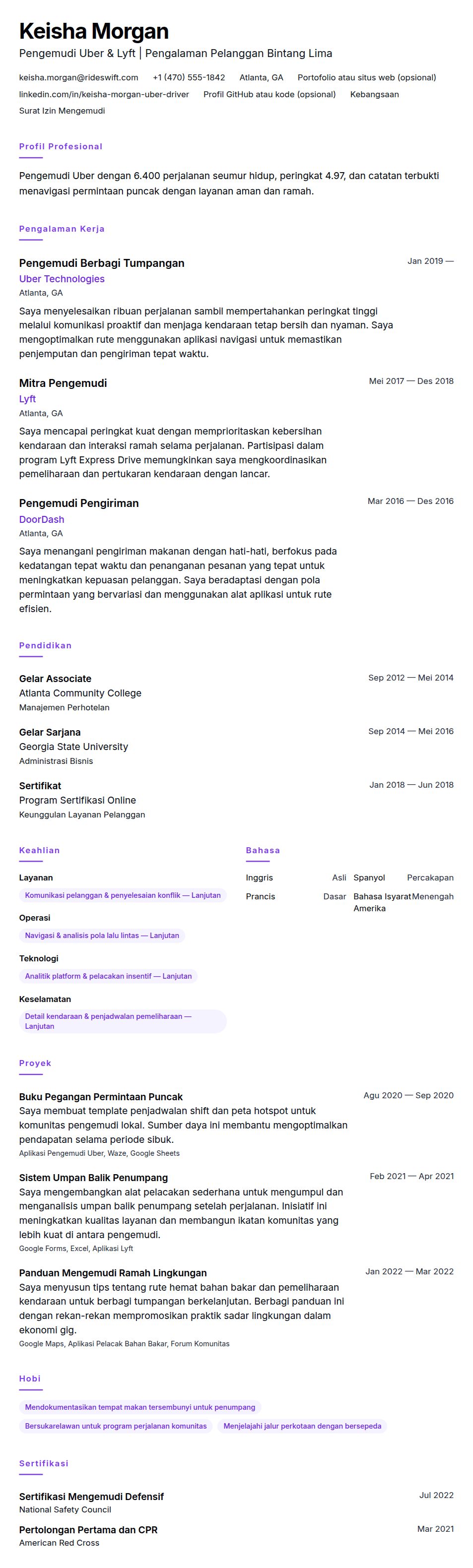Pratinjau resume Contoh Resume Pengemudi Uber