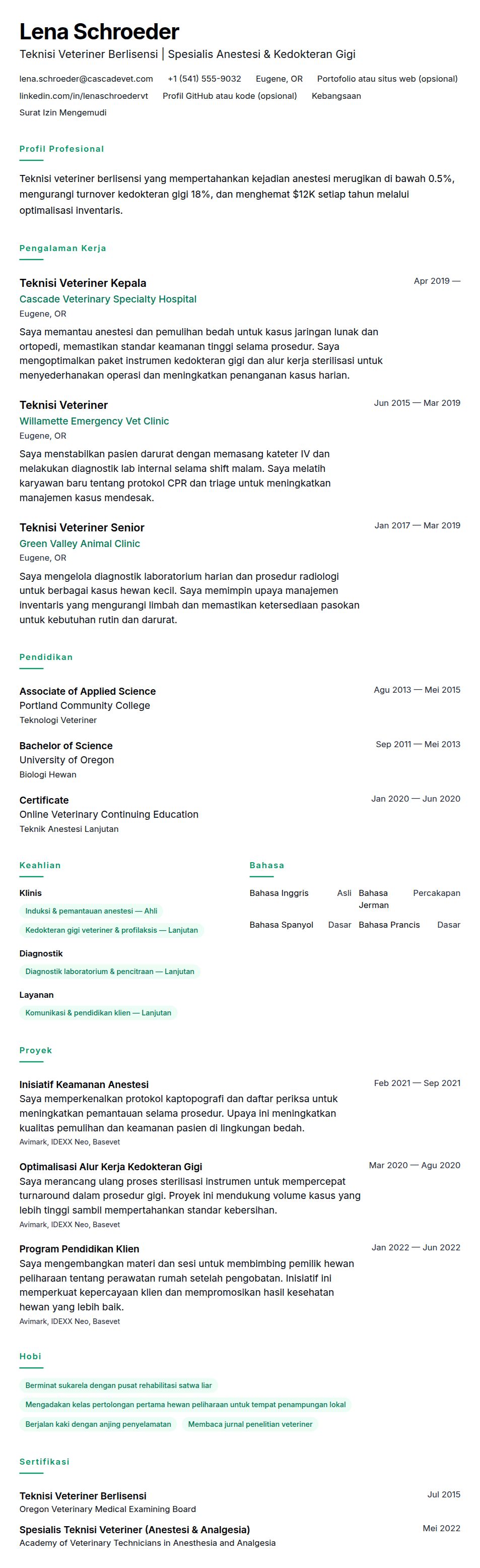 Pratinjau resume Contoh Resume Teknisi Veteriner