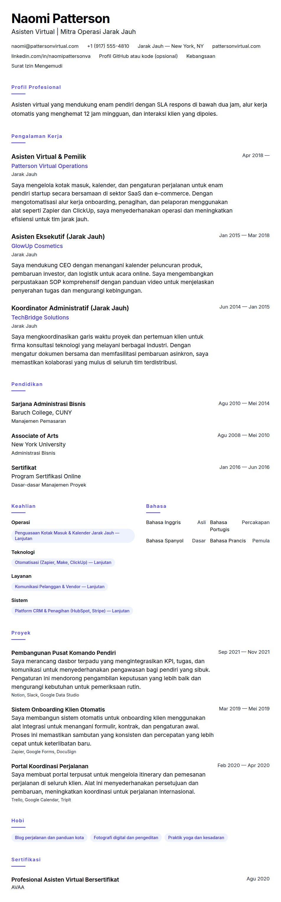 Pratinjau resume Contoh Resume Asisten Virtual