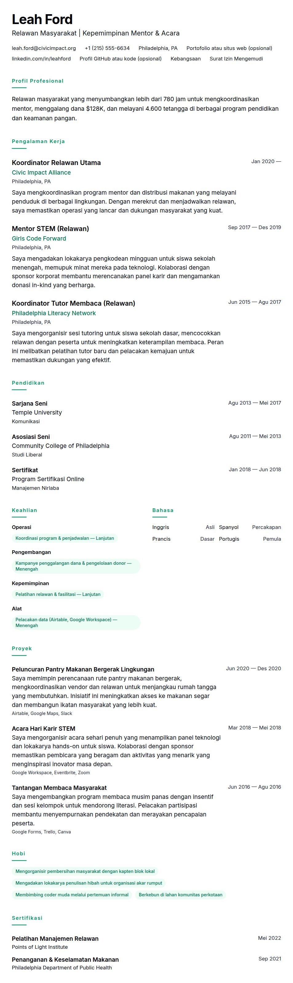 Pratinjau resume Contoh Resume Relawan