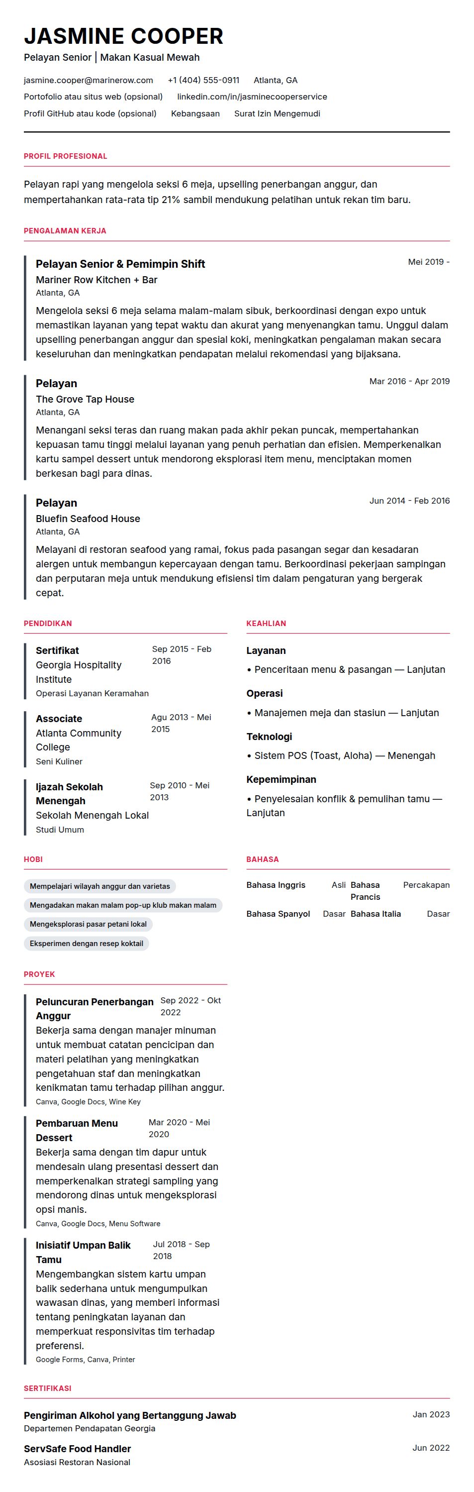 Contoh Resume Pelayan