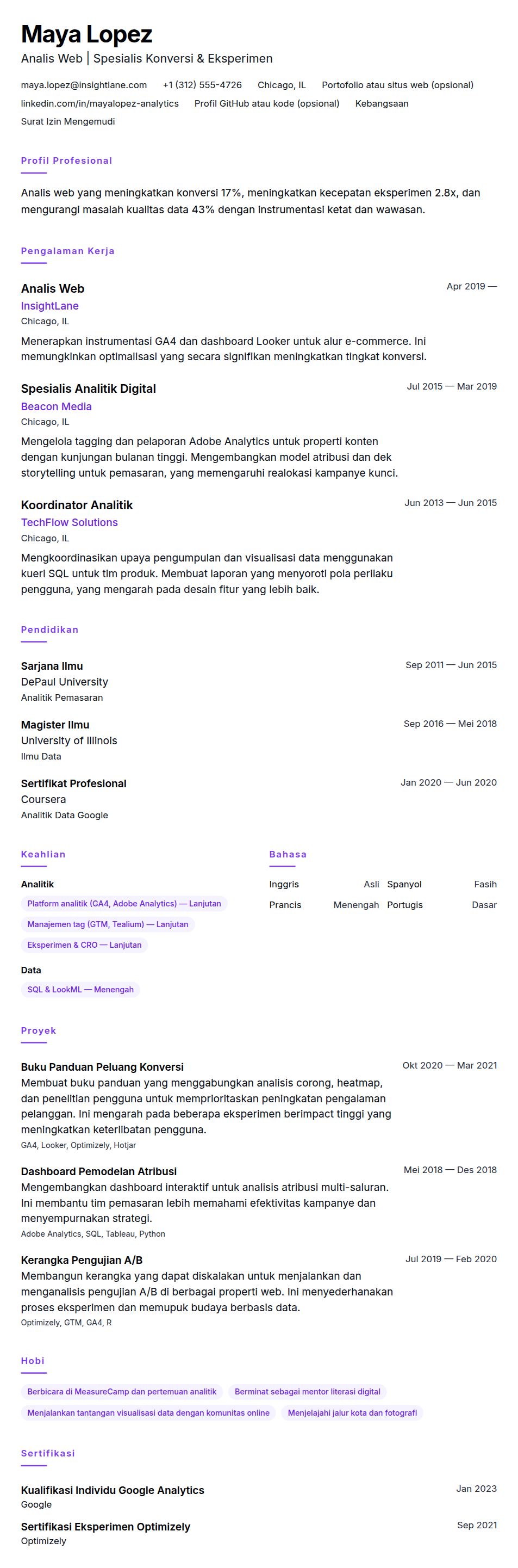 Pratinjau resume Contoh Resume Analis Web