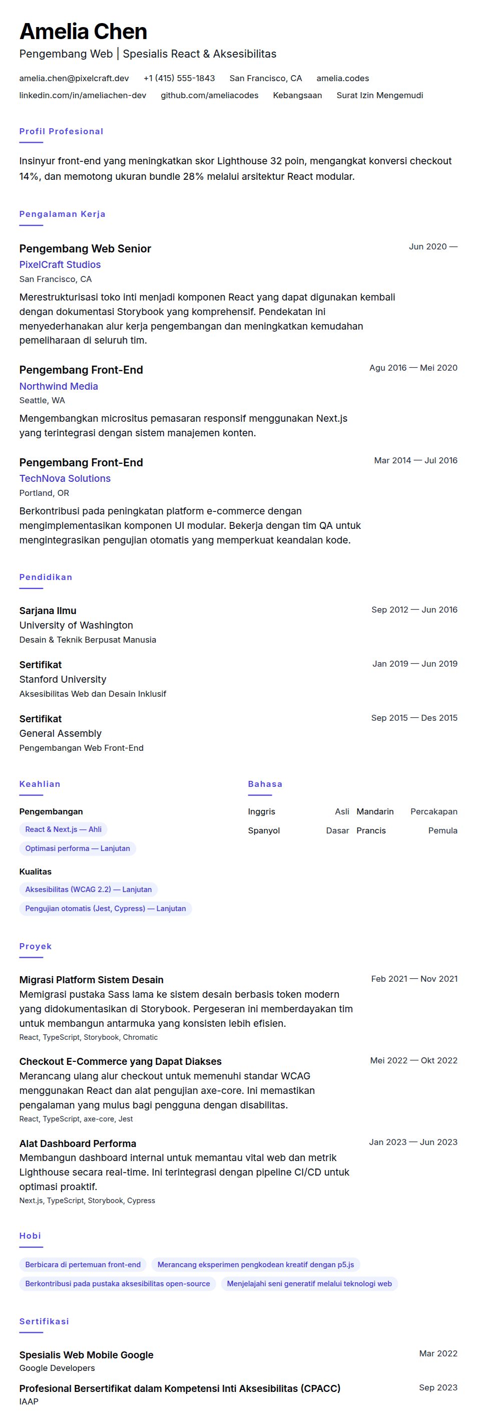 Pratinjau resume Contoh Resume Pengembang Web