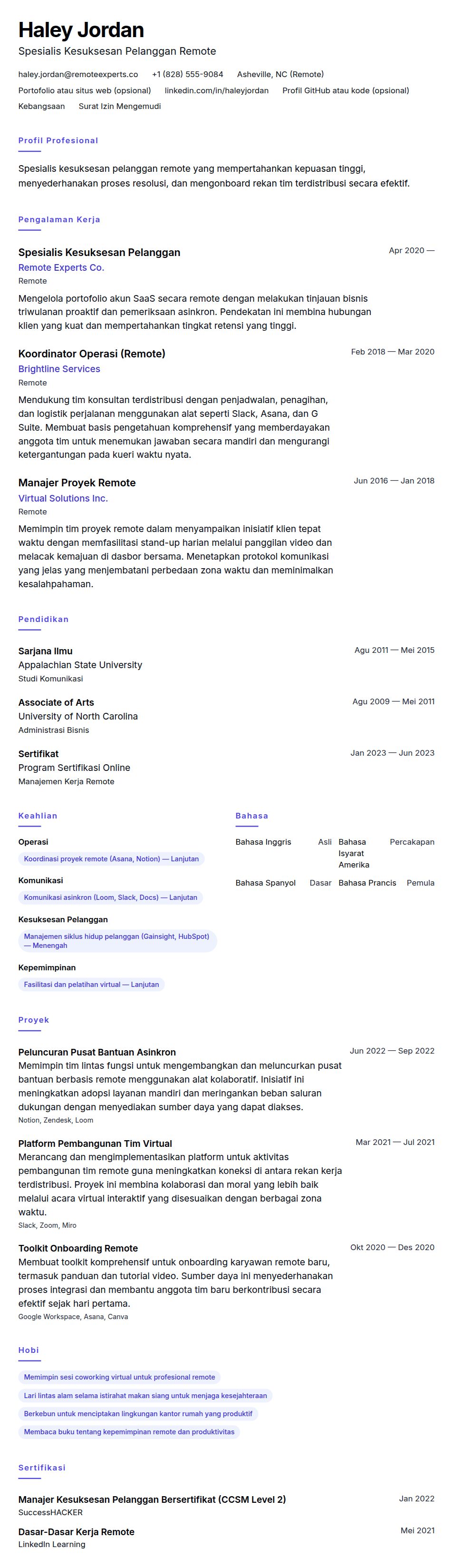 Contoh Resume Profesional Kerja dari Rumah