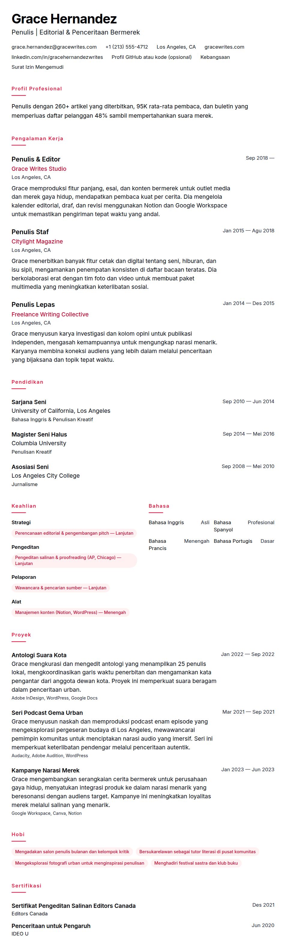 Pratinjau resume Contoh Resume Penulis