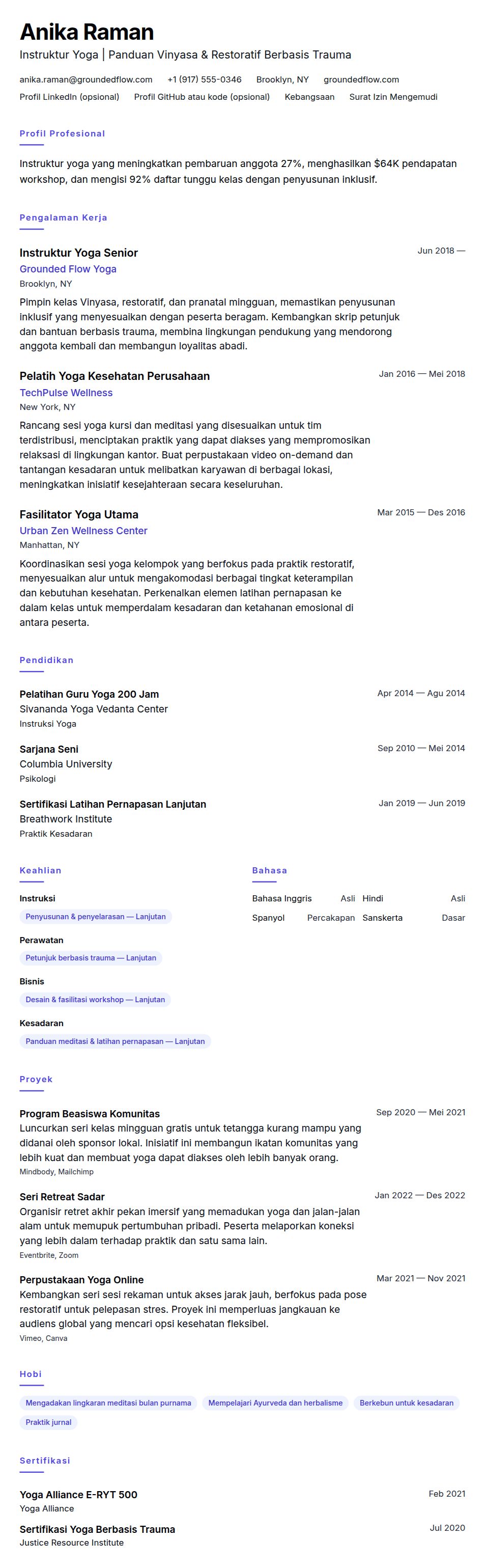 Pratinjau resume Contoh Resume Instruktur Yoga