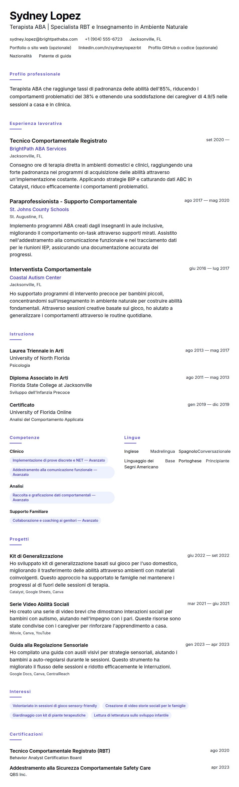 Anteprima del curriculum Esempio di Curriculum Terapista ABA